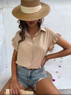 Beige Ruffle Sleeve Button-Front Top - Women's Casual Shirt